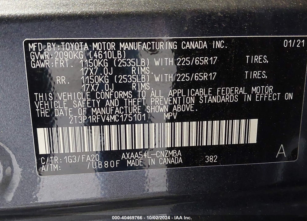 2021 TOYOTA RAV4 XLE VIN: 2T3P1RFV4MC175101