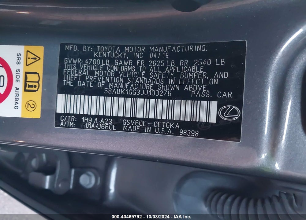 2018 LEXUS ES 350 VIN: 58ABK1GG3JU103276