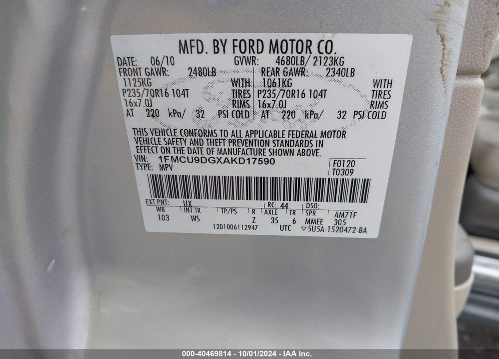 2010 FORD ESCAPE XLT VIN: 1FMCU9DGXAKD17590