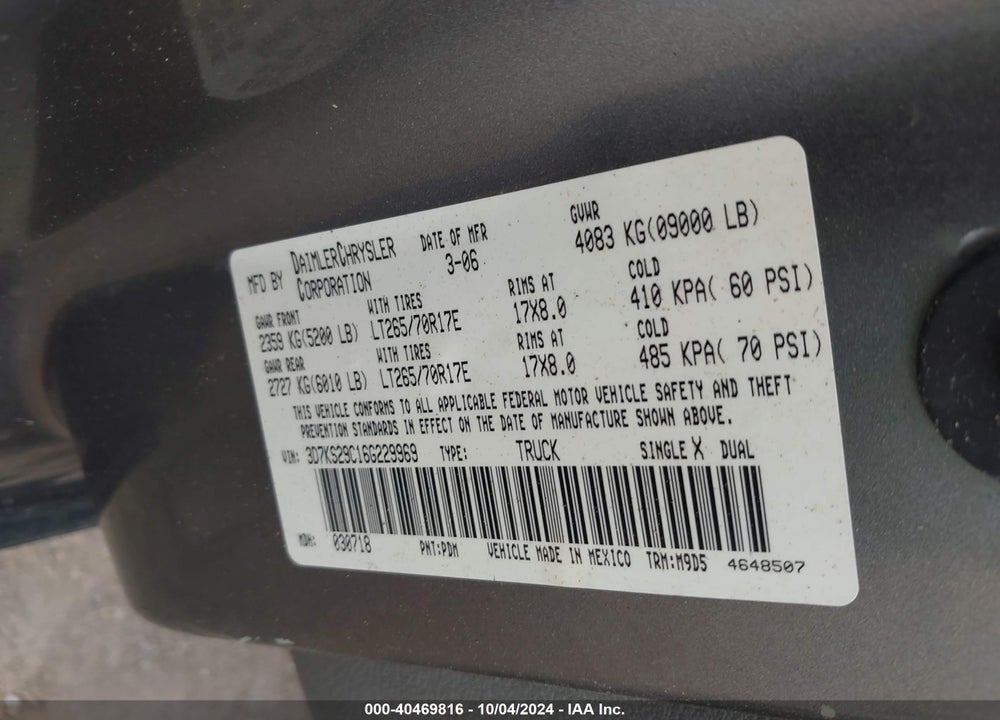 2006 DODGE RAM 2500 SLT VIN: 3D7KS29C16G229969