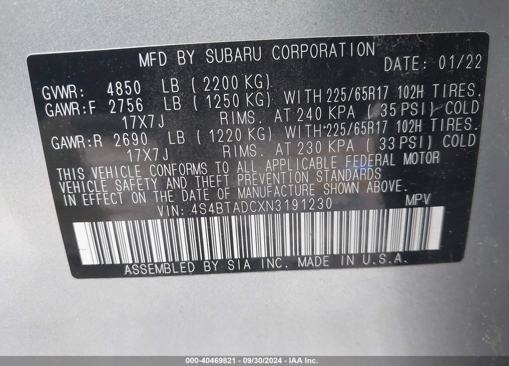 2022 SUBARU OUTBACK PREMIUM VIN: 4S4BTADCXN3191230