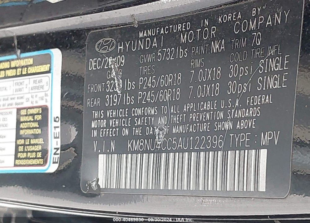 2010 HYUNDAI VERACRUZ LIMITED VIN: KM8NU4CC5AU122396