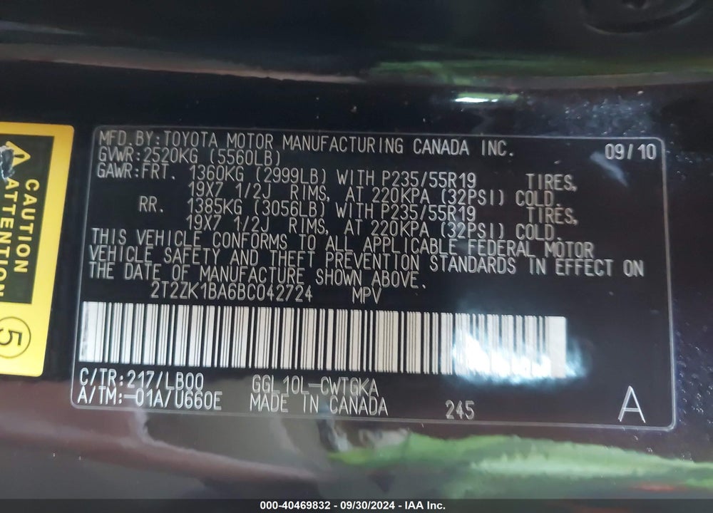 2011 LEXUS RX 350 VIN: 2T2ZK1BA6BC042724