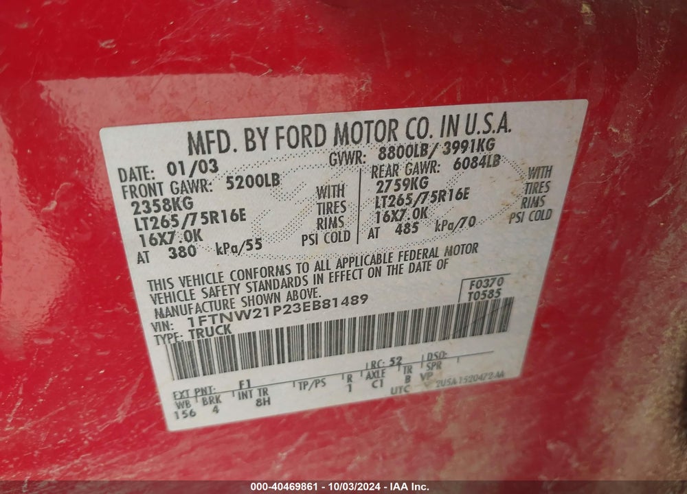 2003 FORD F-250 LARIAT/XL/XLT VIN: 1FTNW21P23EB81489