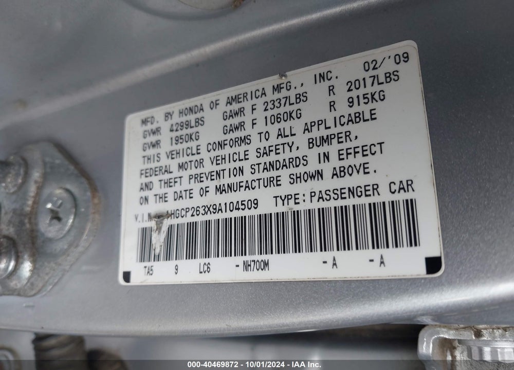 2009 HONDA ACCORD 2.4 LX VIN: 1HGCP263X9A104509