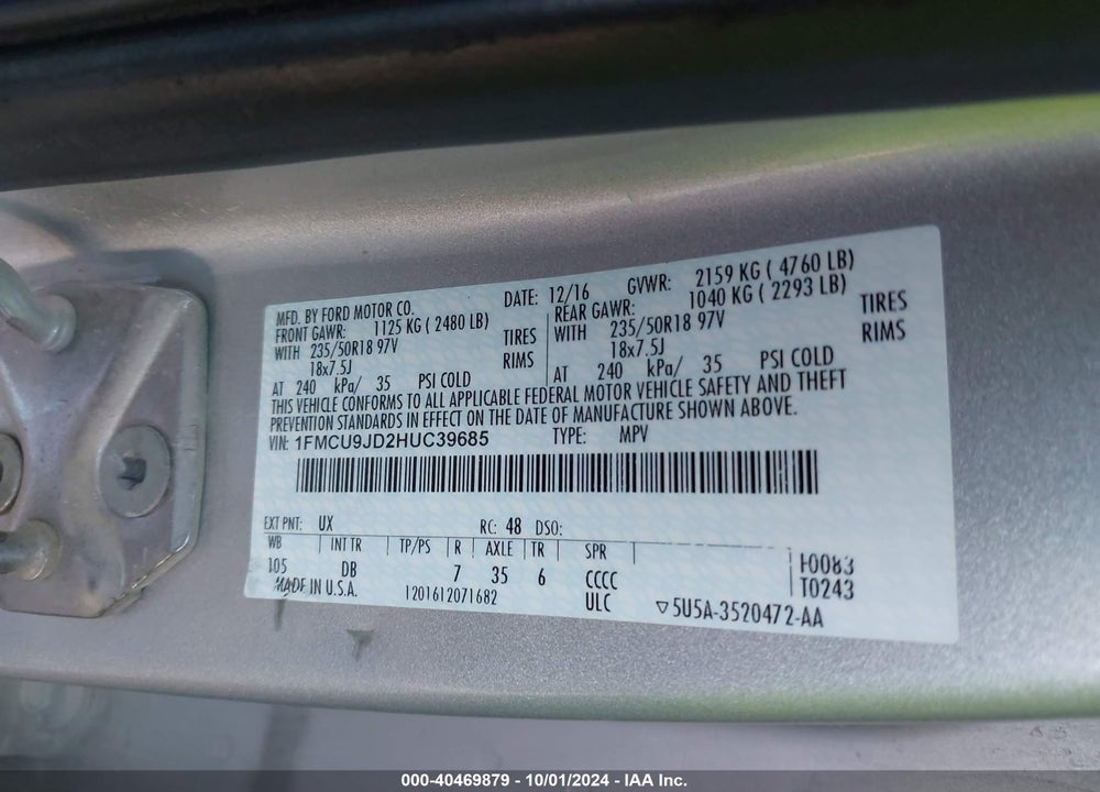 2017 FORD ESCAPE TITANIUM VIN: 1FMCU9JD2HUC39685