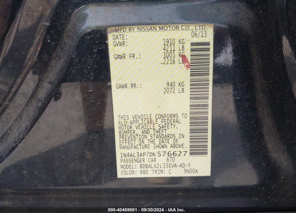 2013 NISSAN ALTIMA 2.5 SL VIN: 1N4AL3AP7DN576627