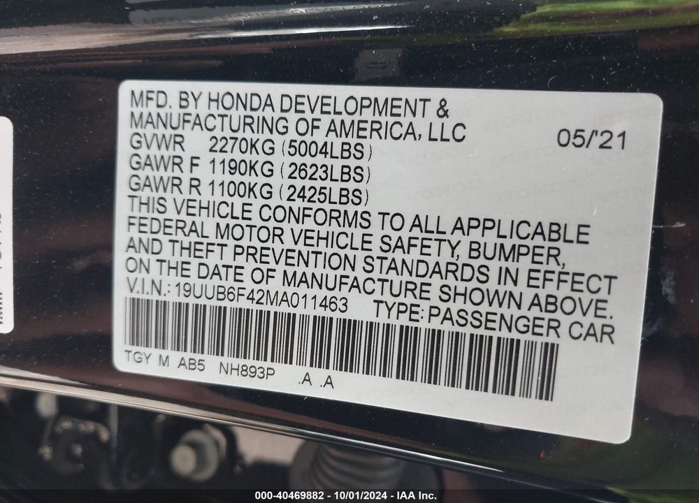 2021 ACURA TLX TECHNOLOGY PACKAGE VIN: 19UUB6F42MA011463