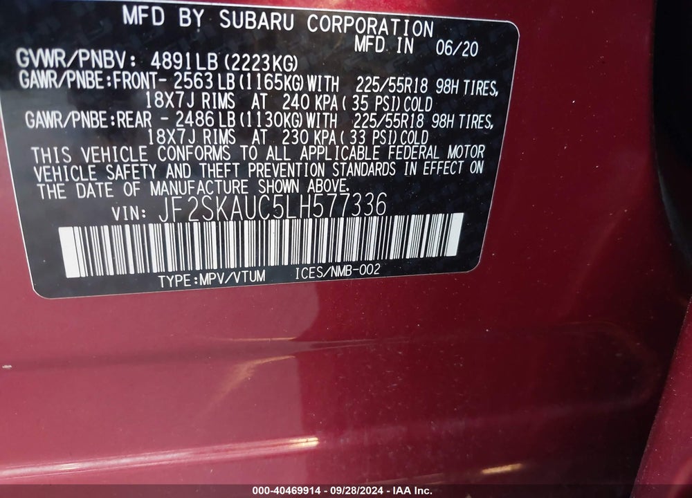 2020 SUBARU FORESTER LIMITED VIN: JF2SKAUC5LH577336