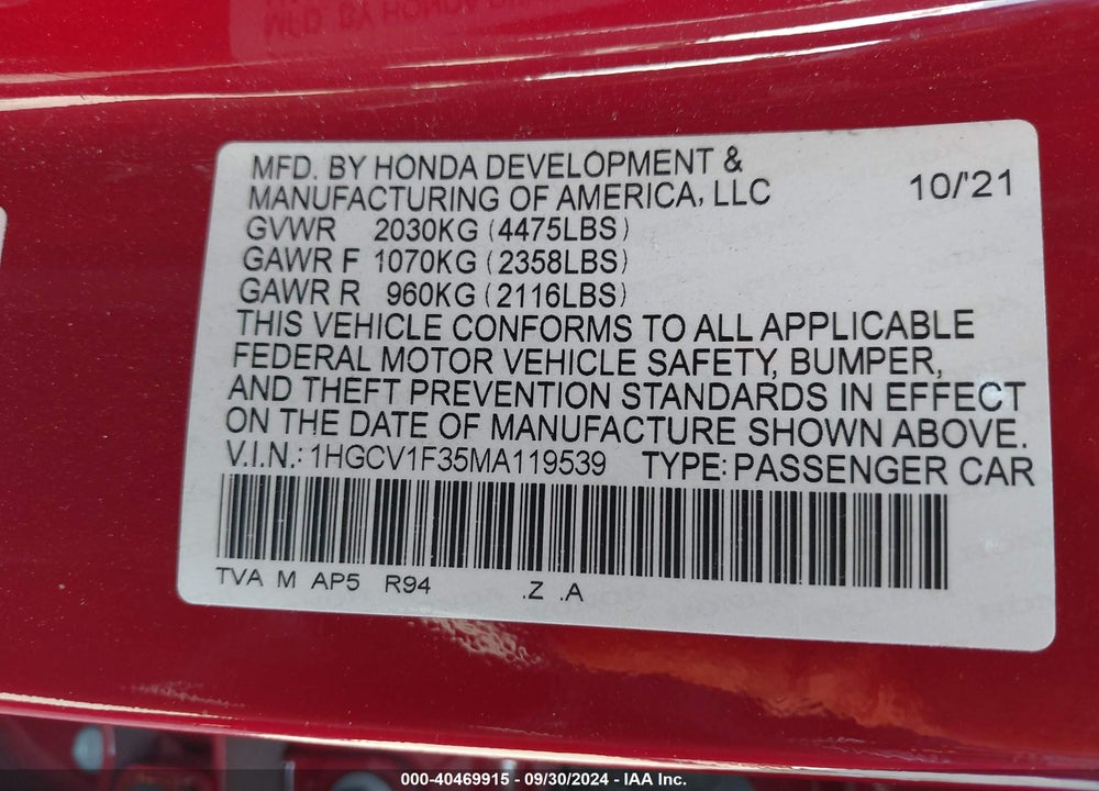 2021 HONDA ACCORD SPORT VIN: 1HGCV1F35MA119539