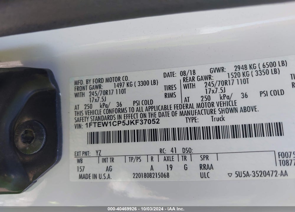 2018 FORD F-150 XL VIN: 1FTEW1CP5JKF37052