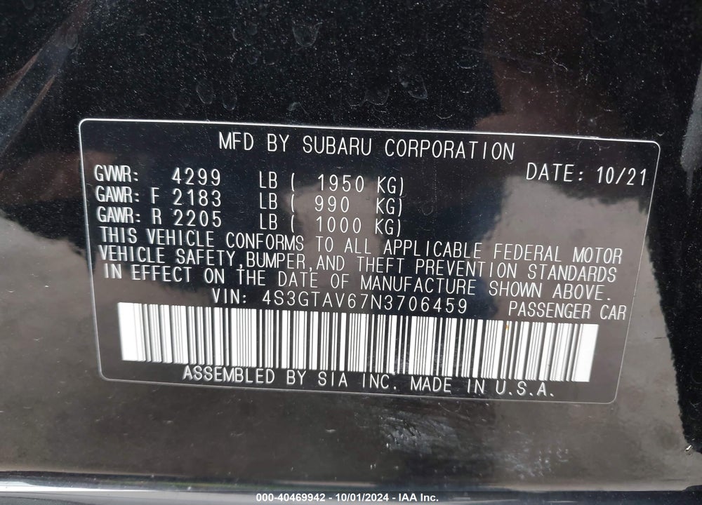 2022 SUBARU IMPREZA PREMIUM 5-DOOR VIN: 4S3GTAV67N3706459