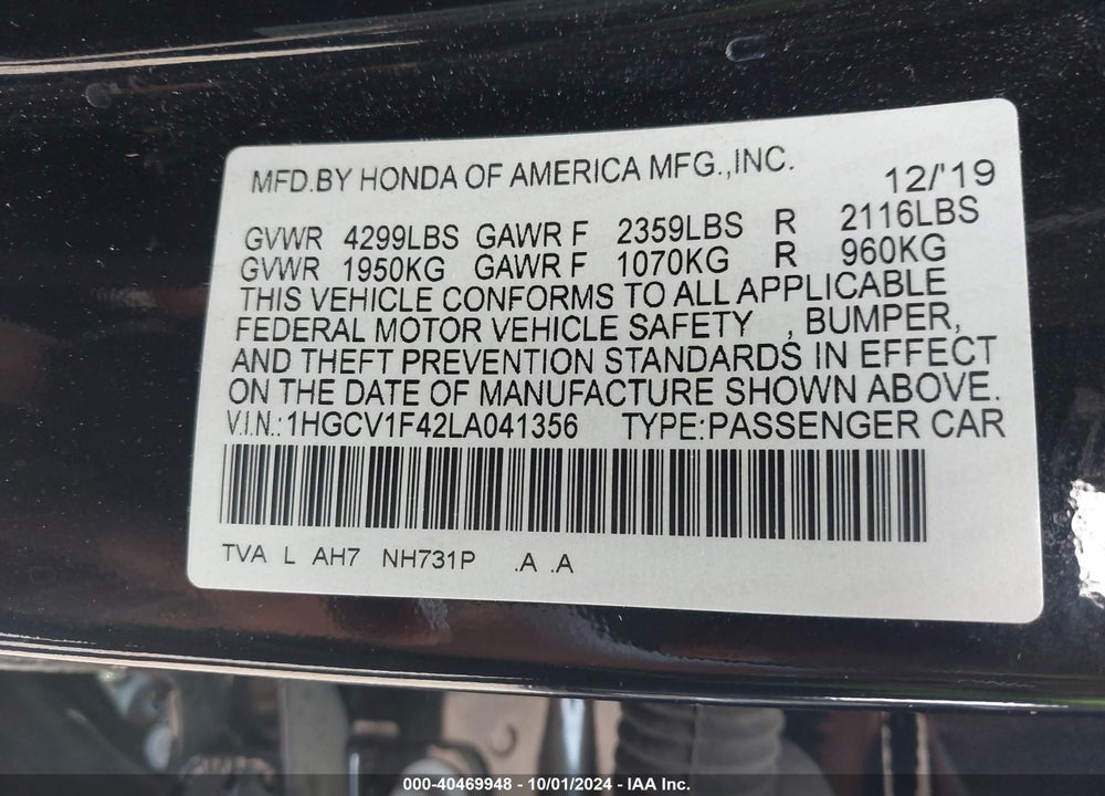 2020 HONDA ACCORD EX VIN: 1HGCV1F42LA041356