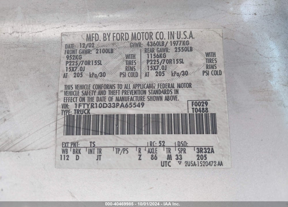2003 FORD RANGER XL/XLT VIN: 1FTYR10D33PA65549