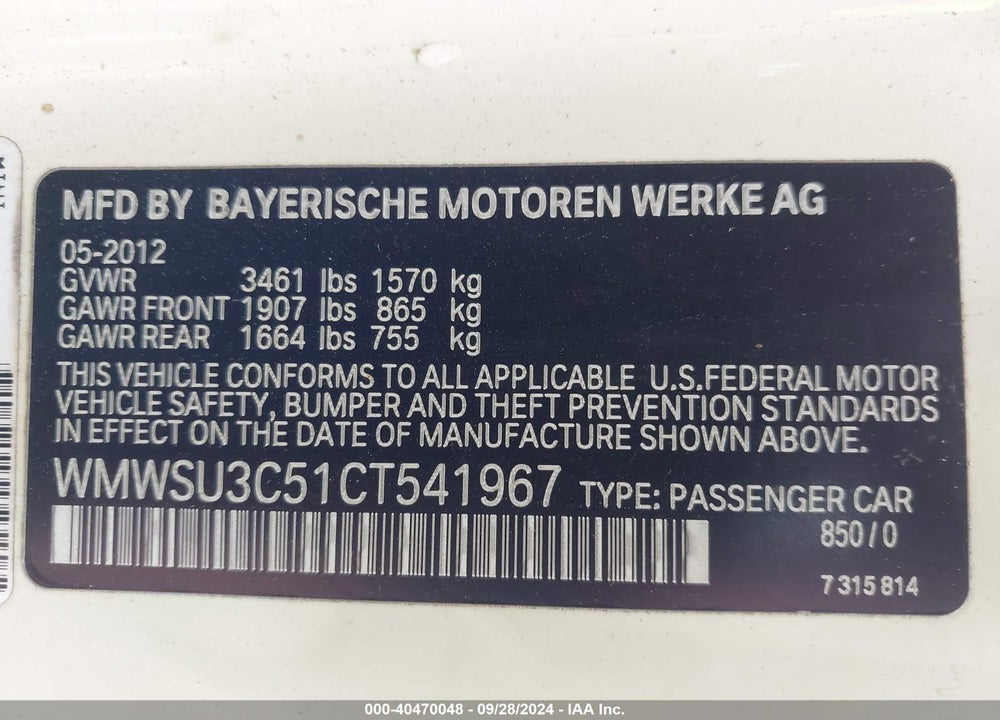 2012 MINI COOPER VIN: WMWSU3C51CT541967