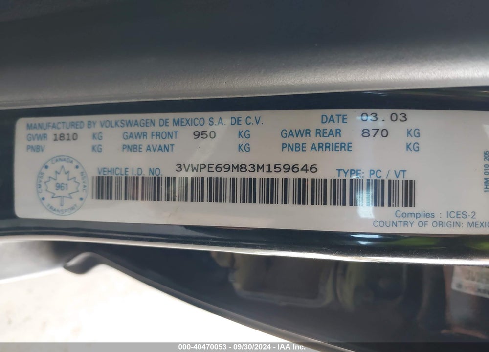 2003 VOLKSWAGEN JETTA WOLFSBURG EDITION VIN: 3VWPE69M83M159646