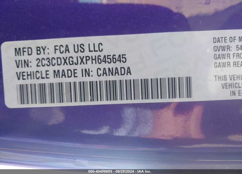2023 DODGE CHARGER SCAT PACK/SCAT PACK WIDEBODY VIN: 2C3CDXGJXPH645645