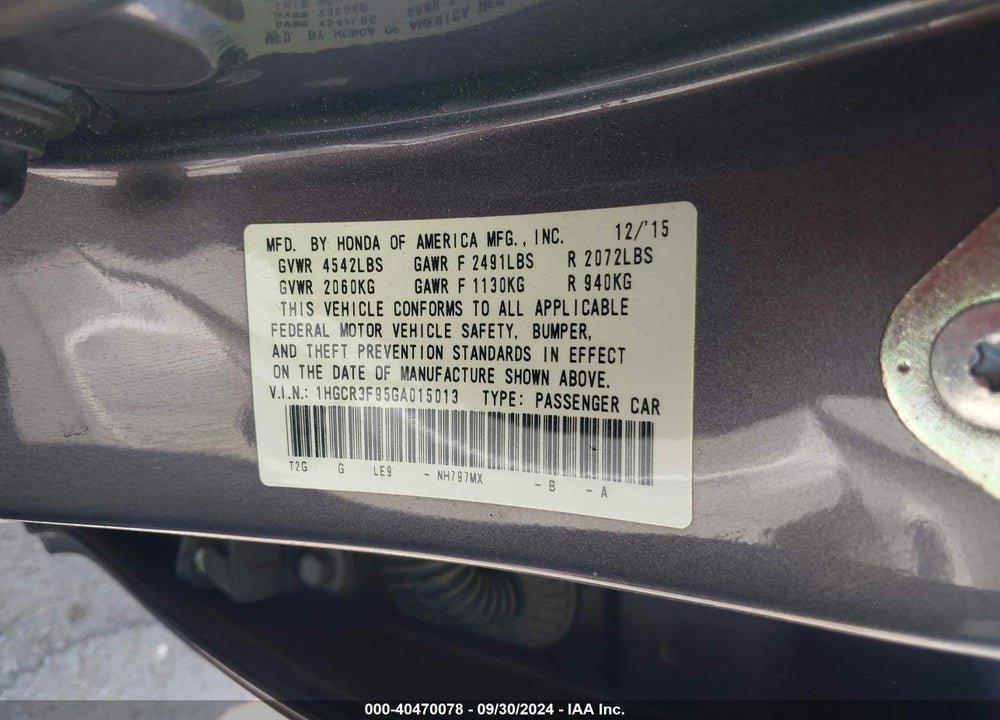 2016 HONDA ACCORD TOURING VIN: 1HGCR3F95GA015013