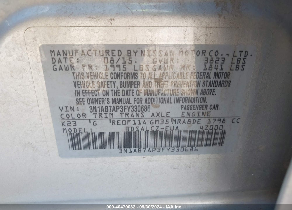 2015 NISSAN SENTRA S VIN: 3N1AB7AP3FY330686