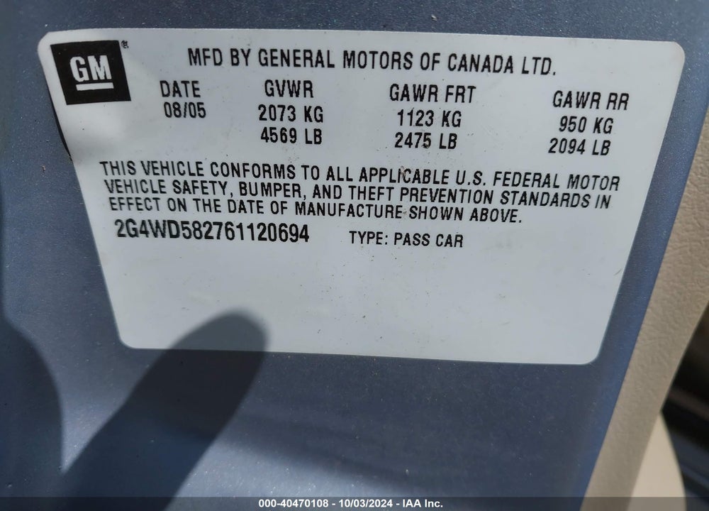 2006 BUICK LACROSSE CXL VIN: 2G4WD582761120694