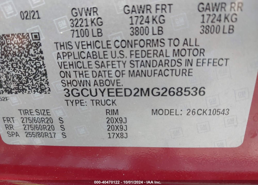 2021 CHEVROLET SILVERADO 1500 4WD SHORT BED RST VIN: 3GCUYEED2MG268536