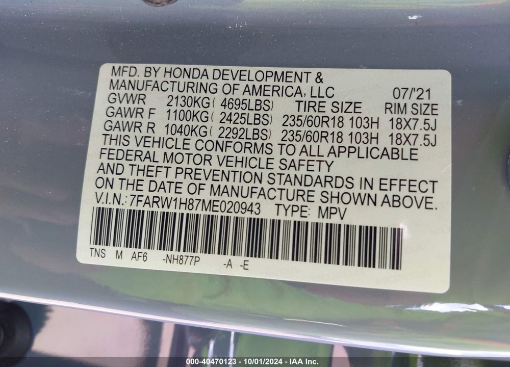 2021 HONDA CR-V 2WD EX-L VIN: 7FARW1H87ME020943