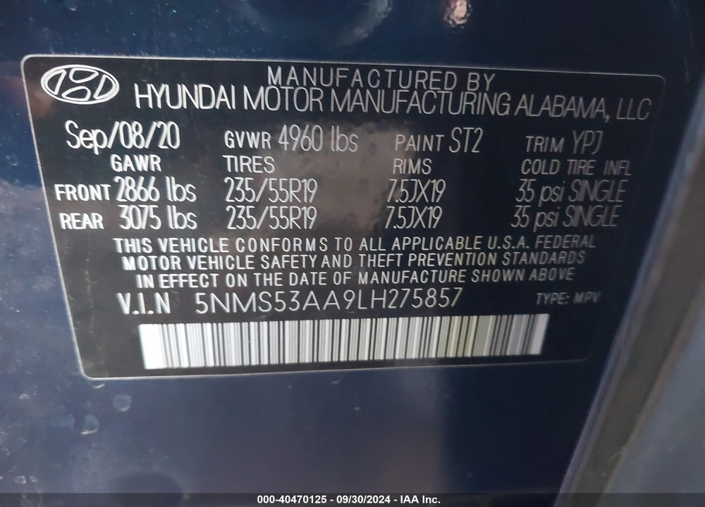 2020 HYUNDAI SANTA FE LIMITED 2.0T VIN: 5NMS53AA9LH275857