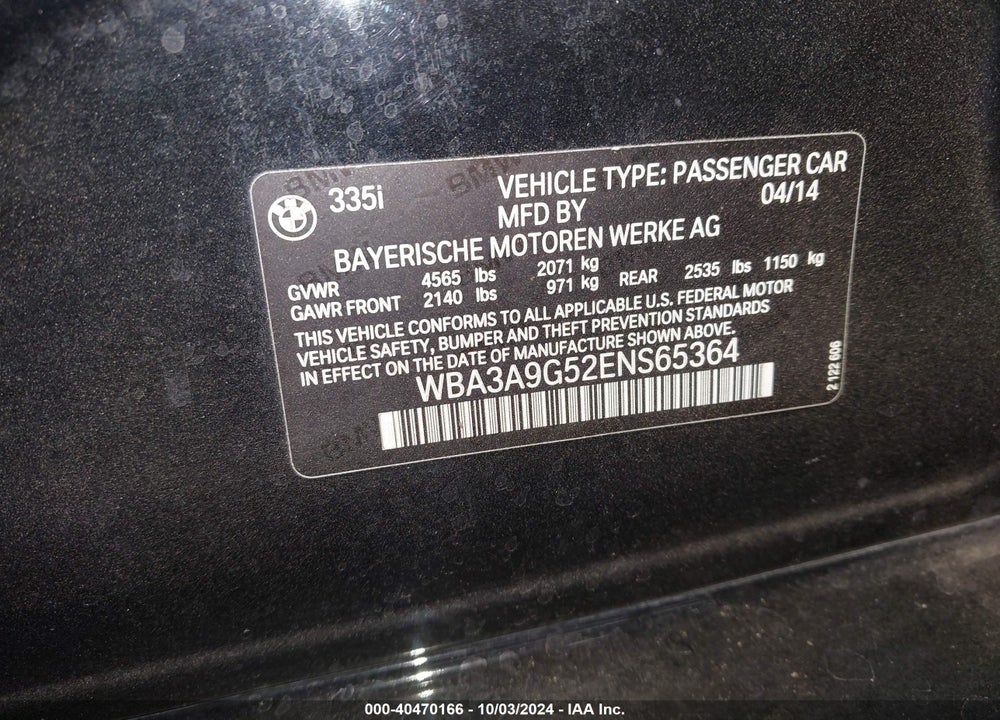 2014 BMW 335I VIN: WBA3A9G52ENS65364