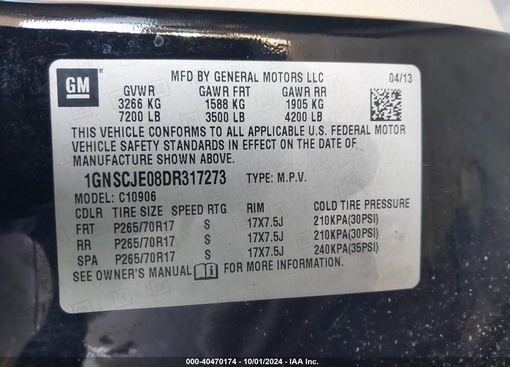2013 CHEVROLET SUBURBAN 1500 LT VIN: 1GNSCJE08DR317273