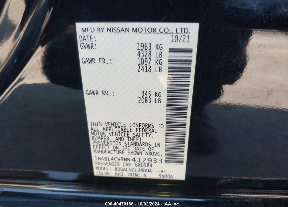 2021 NISSAN ALTIMA SR FWD VIN: 1N4BL4CV9MN412933