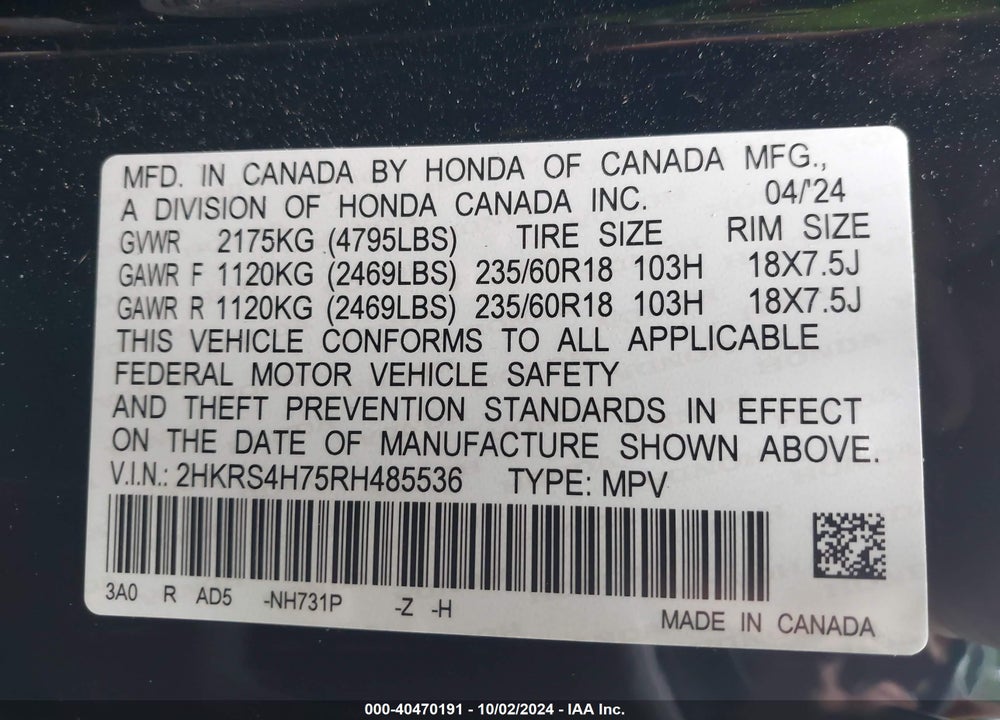 2024 HONDA CR-V EX-L AWD VIN: 2HKRS4H75RH485536