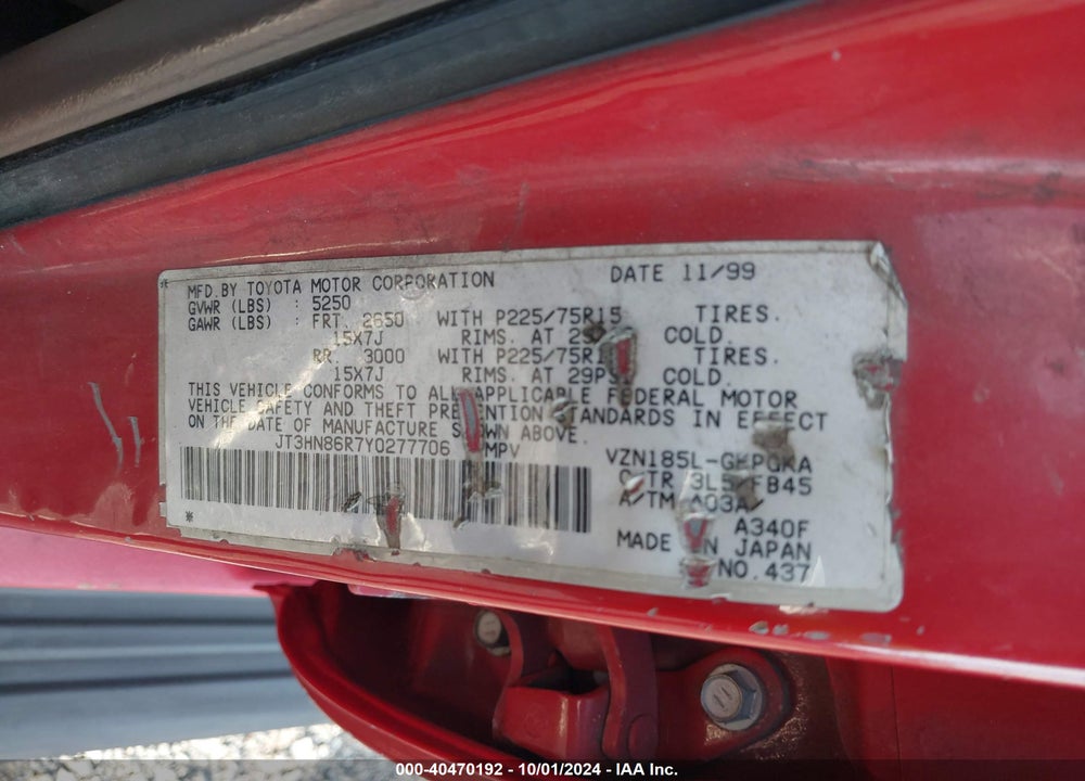 2000 TOYOTA 4RUNNER SR5 V6 VIN: JT3HN86R7Y0277706