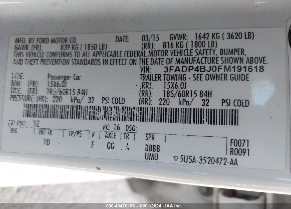 2015 FORD FIESTA SE VIN: 3FADP4BJ0FM191618