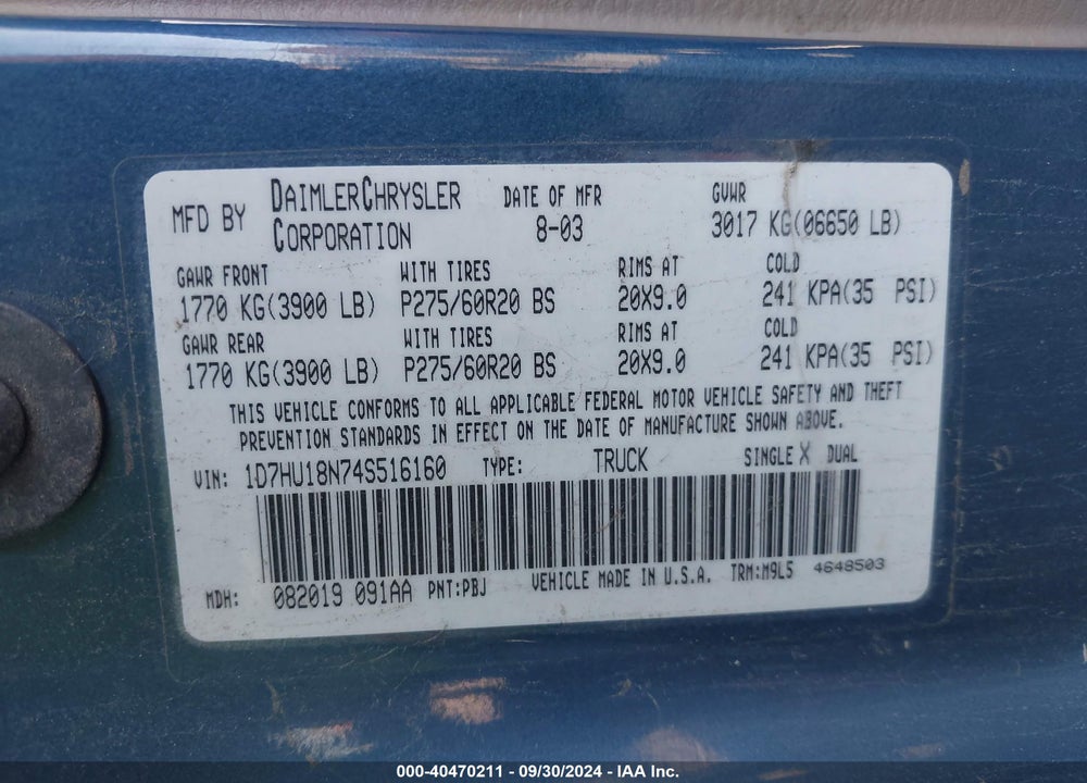2004 DODGE RAM 1500 SLT/LARAMIE VIN: 1D7HU18N74S516160
