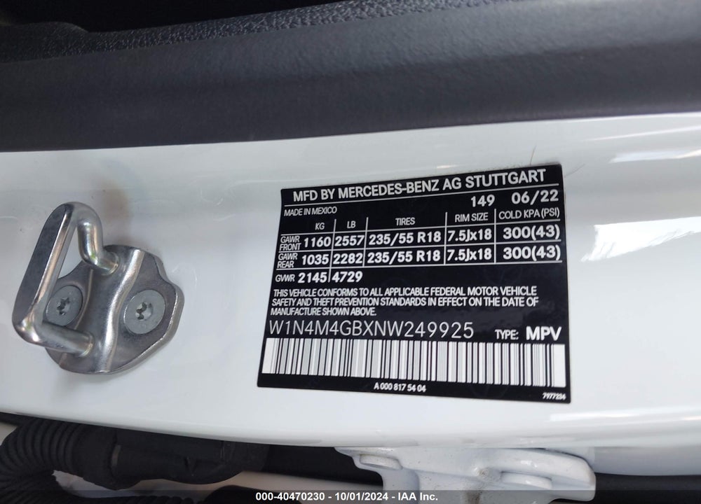2022 MERCEDES-BENZ GLB 250 VIN: W1N4M4GBXNW249925
