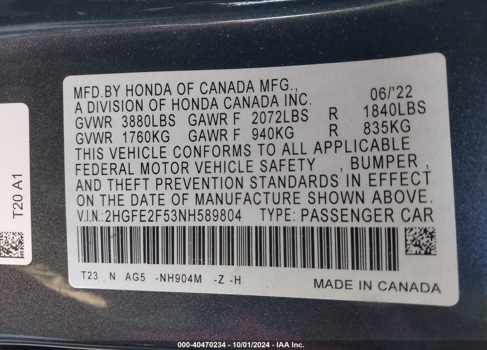 2022 HONDA CIVIC VIN: 2HGFE2F53NH589804