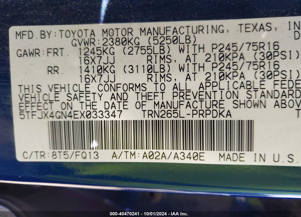 2014 TOYOTA TACOMA PRERUNNER VIN: 5TFJX4GN4EX033347
