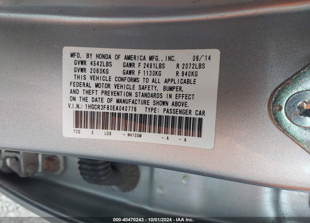 2014 HONDA ACCORD EX-L V-6 VIN: 1HGCR3F80EA040776
