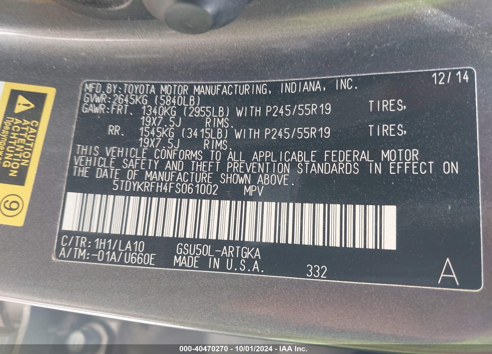 2015 TOYOTA HIGHLANDER LIMITED V6 VIN: 5TDYKRFH4FS061002