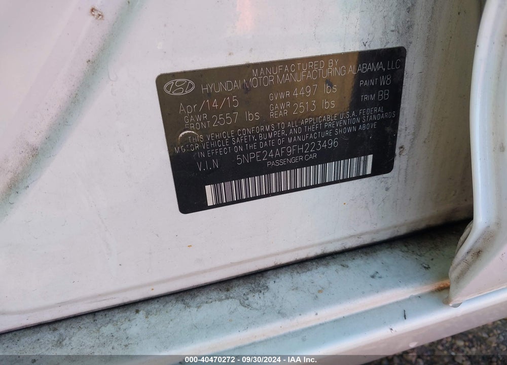 2015 HYUNDAI SONATA SE VIN: 5NPE24AF9FH223496