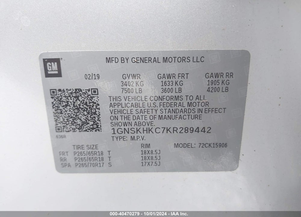 2019 CHEVROLET SUBURBAN LT VIN: 1GNSKHKC7KR289442
