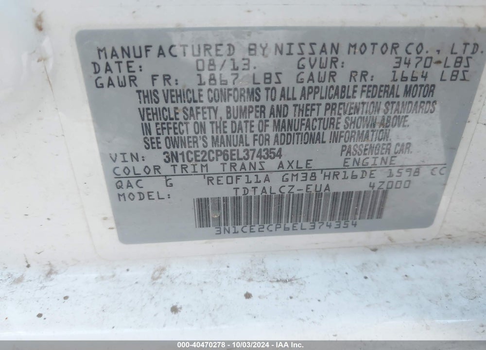 2014 NISSAN VERSA NOTE S PLUS VIN: 3N1CE2CP6EL374354