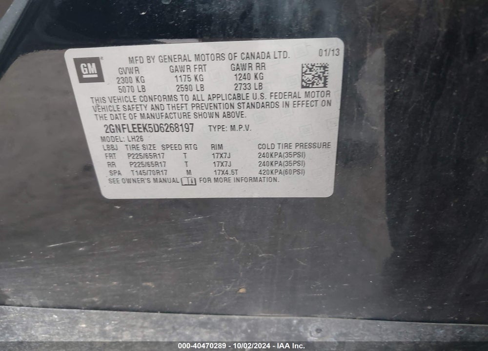 2013 CHEVROLET EQUINOX 1LT VIN: 2GNFLEEK5D6268197