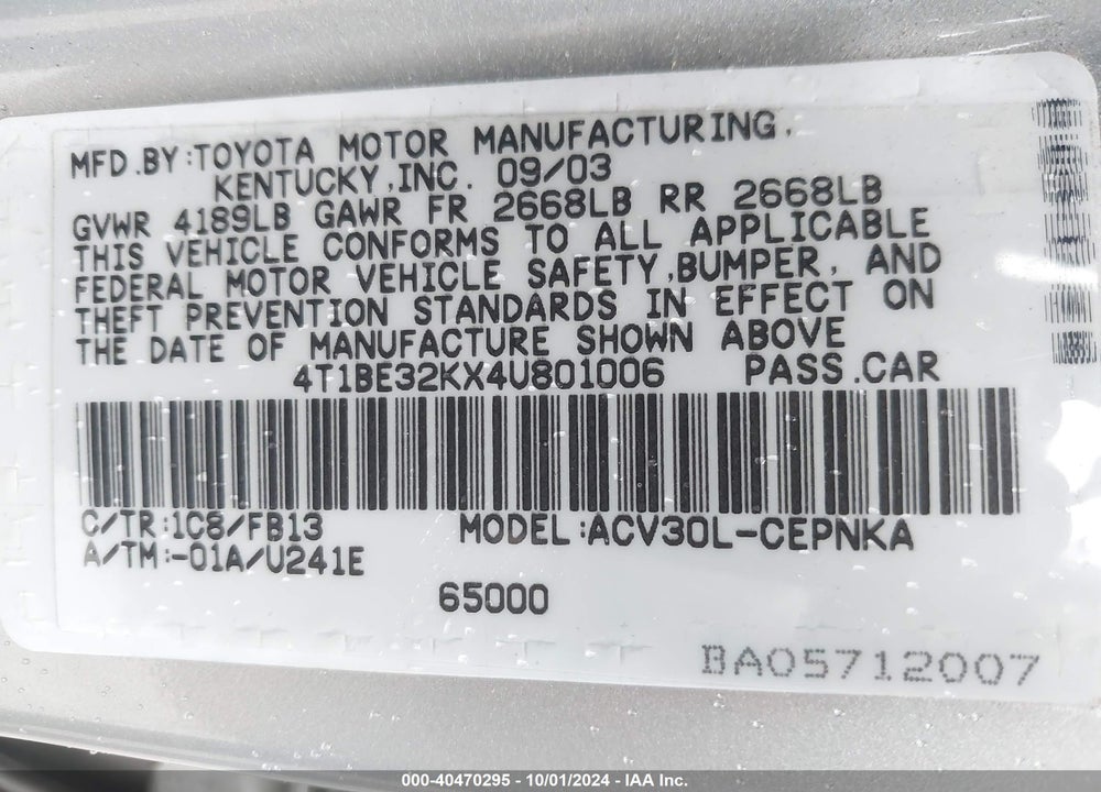 2004 TOYOTA CAMRY LE VIN: 4T1BE32KX4U801006