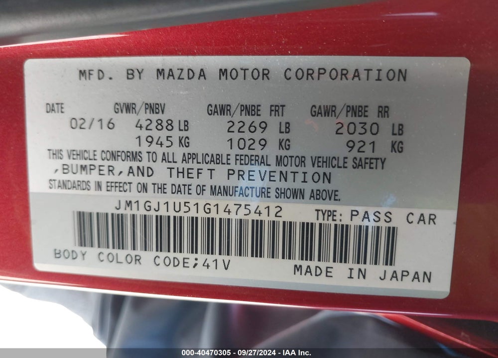 2016 MAZDA 6 I SPORT VIN: JM1GJ1U51G1475412
