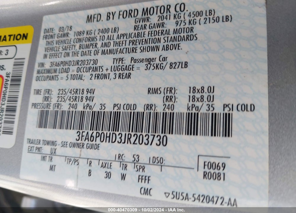 2018 FORD FUSION SE VIN: 3FA6P0HD3JR203730