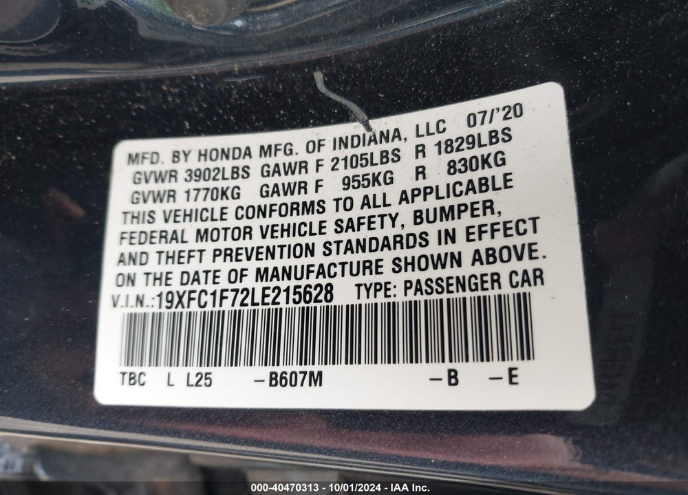 2020 HONDA CIVIC EX-L VIN: 19XFC1F72LE215628