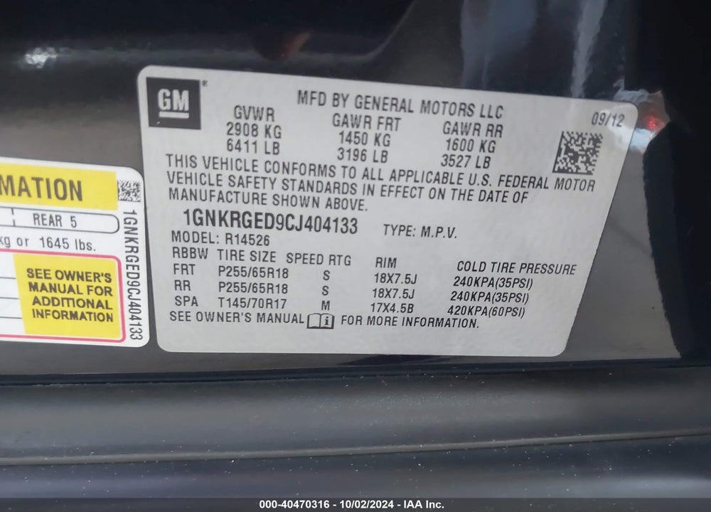 2012 CHEVROLET TRAVERSE 1LT VIN: 1GNKRGED9CJ404133