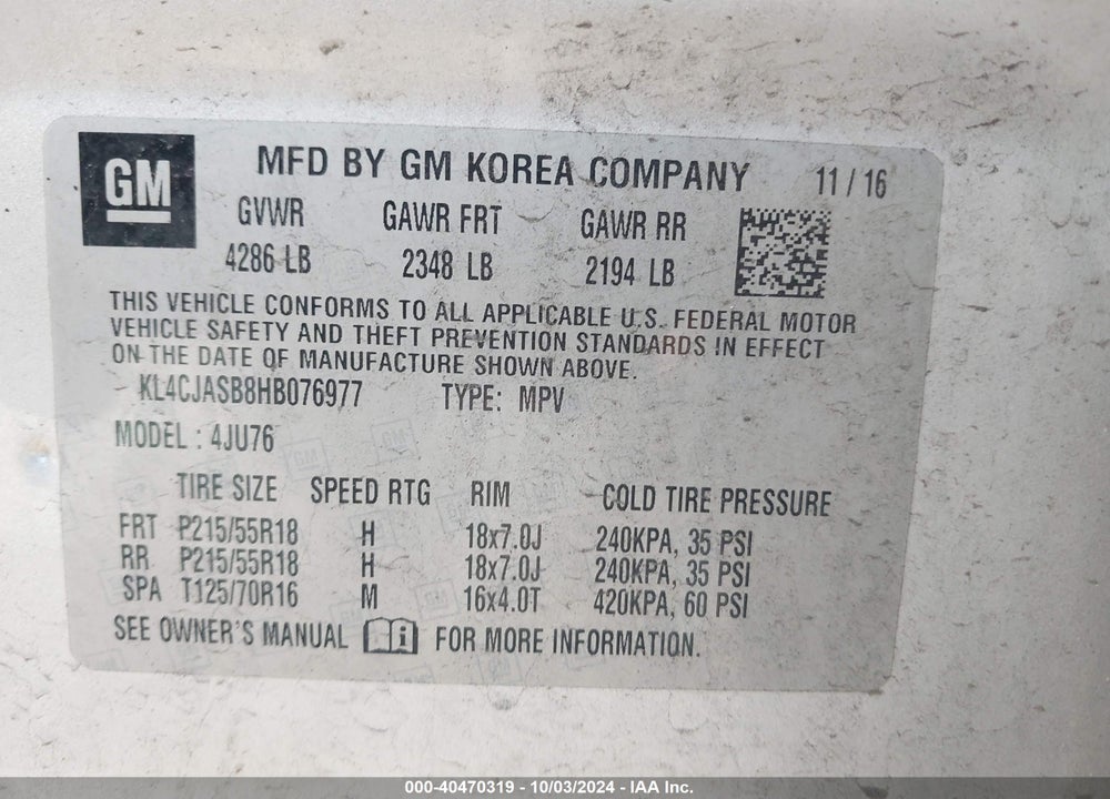2017 BUICK ENCORE PREFERRED VIN: KL4CJASB8HB076977