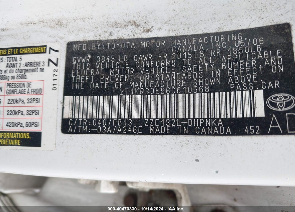 2006 TOYOTA MATRIX/XR VIN: 2T1KR30E96C610568